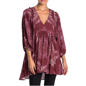 Free People Girl Talk Paisley Balloon Sleeve Bohemian Blouse Top Burgund…